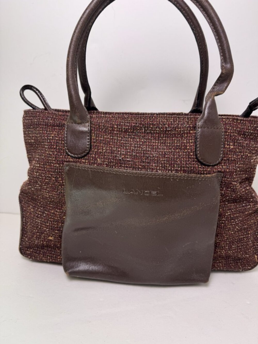 VTG Lancel Leather Tweed Leather Brown Tote Satchel Bag Italy 90s Y2K READ